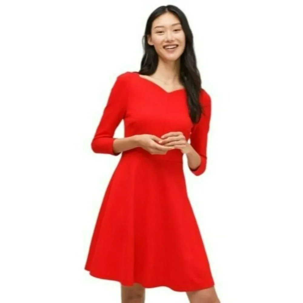 Kate Spade Fit & Flare Dress 6 Red 3/4 Sleeve Sweetheart Neck Stretch Ponte Knit